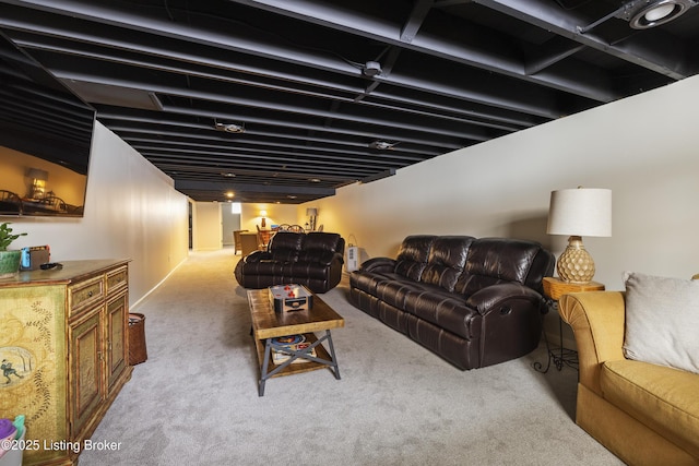 living room featuring light carpet