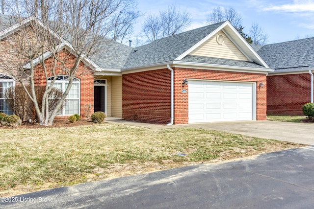 view of front facade featuring a garage, brick siding, a shingled roof, and driveway