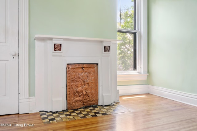 room details featuring wood finished floors and a fireplace with flush hearth