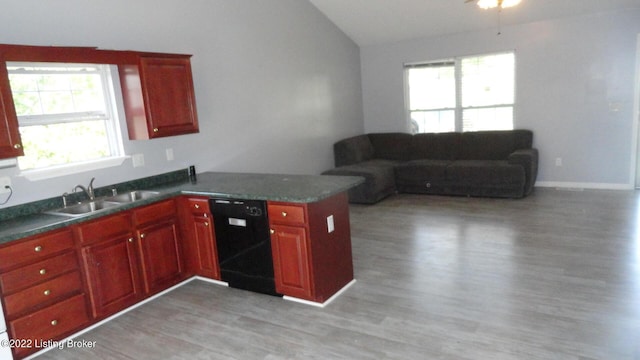 kitchen featuring black dishwasher, dark countertops, open floor plan, a peninsula, and a sink