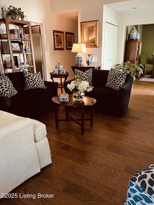 living area with dark wood-style floors