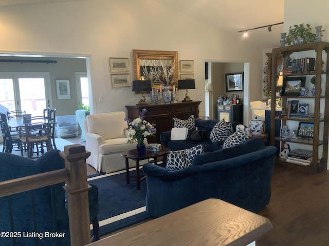 living room with rail lighting, vaulted ceiling, and wood finished floors