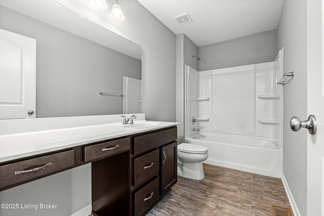 bathroom featuring toilet, visible vents, wood finished floors, and vanity