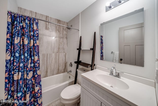 full bathroom featuring toilet, shower / bath combination with curtain, and vanity