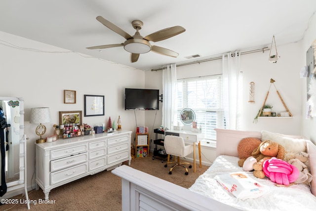 bedroom featuring carpet, visible vents, and a ceiling fan