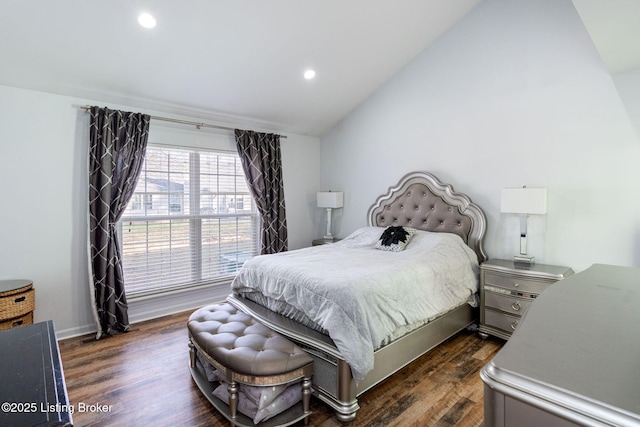 bedroom featuring dark wood finished floors, vaulted ceiling, and recessed lighting