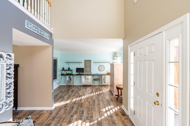 foyer with baseboards, a high ceiling, wood finished floors, and a healthy amount of sunlight