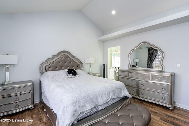 bedroom featuring vaulted ceiling, dark wood finished floors, and baseboards