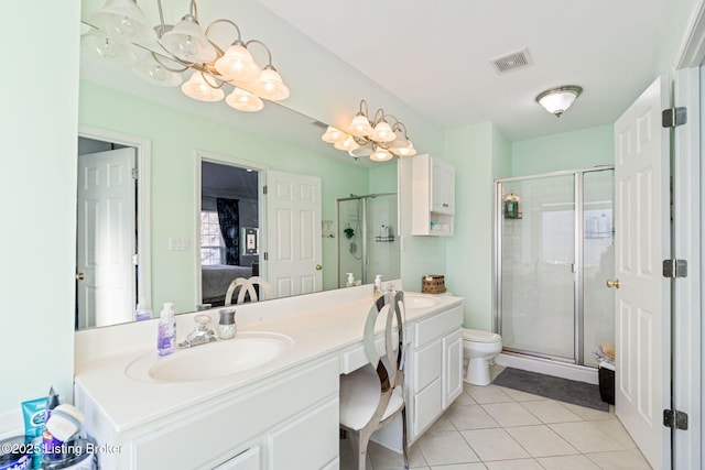 full bathroom with ensuite bathroom, a notable chandelier, visible vents, tile patterned floors, and a stall shower