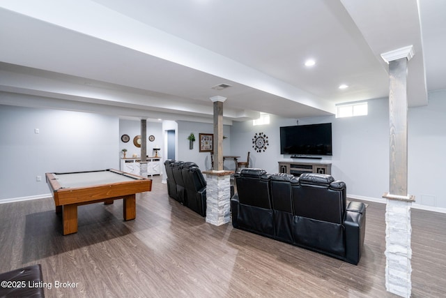 rec room with recessed lighting, pool table, baseboards, and wood finished floors