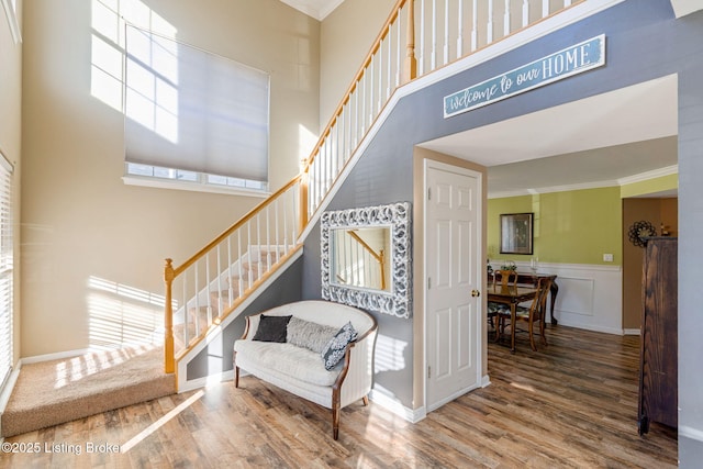 stairway featuring a decorative wall, a towering ceiling, ornamental molding, wainscoting, and wood finished floors