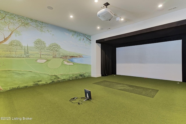 rec room with carpet floors, wallpapered walls, visible vents, and golf simulator