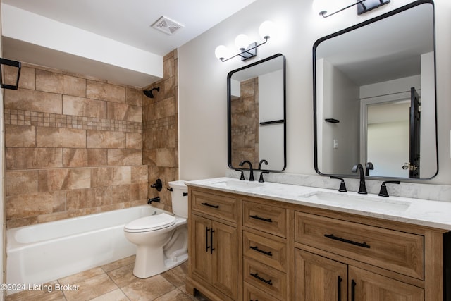 full bathroom featuring shower / tub combination, toilet, a sink, visible vents, and double vanity