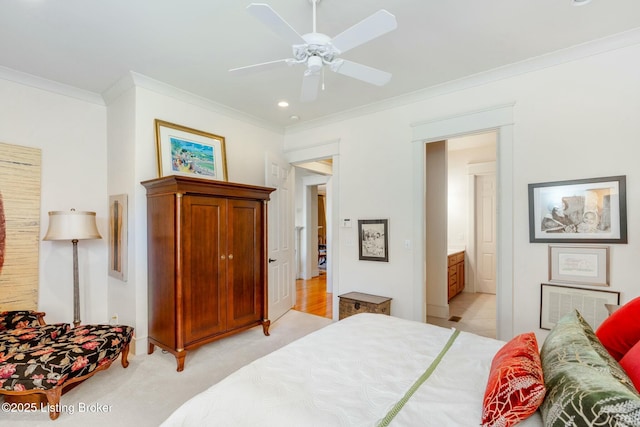 bedroom featuring light carpet, visible vents, a ceiling fan, and crown molding