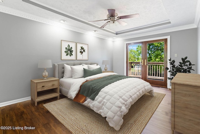 10207 El Coco Ct, Louisville, KY 40291 - bedroom with a raised ceiling, access to exterior, dark wood-style flooring, ceiling fan, and ornamental molding