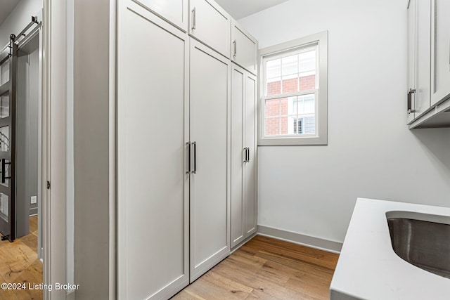 interior space featuring light wood finished floors, a barn door, baseboards, and a sink