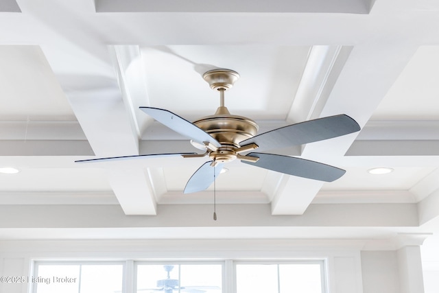 details with ornamental molding, beamed ceiling, a ceiling fan, and recessed lighting