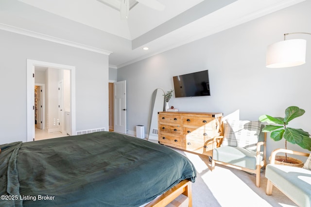 bedroom with ceiling fan, visible vents, crown molding, and recessed lighting