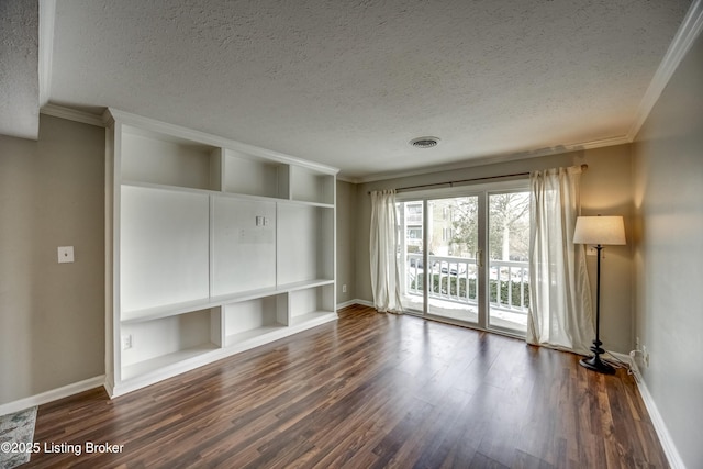 unfurnished living room featuring dark wood-style flooring, crown molding, and baseboards