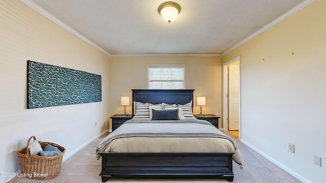 carpeted bedroom with baseboards and ornamental molding