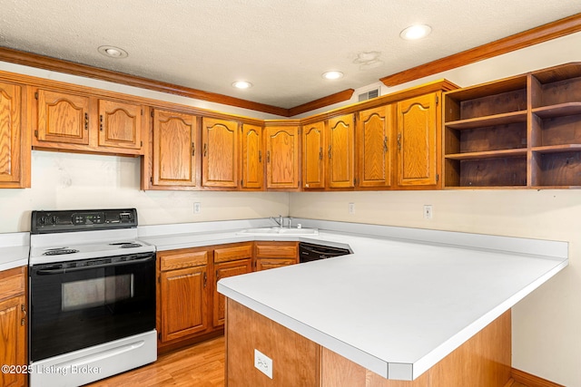 kitchen featuring a peninsula, range with electric cooktop, a sink, light countertops, and brown cabinetry