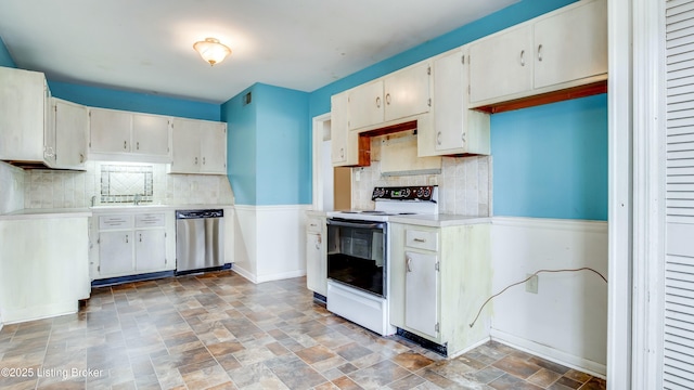 kitchen with white range with electric stovetop, white cabinets, light countertops, and dishwasher