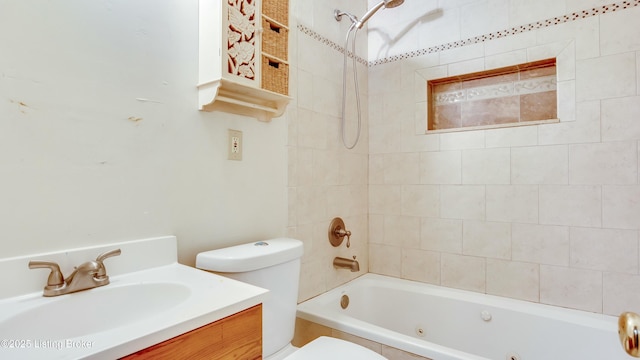 full bath featuring a combined bath / shower with jetted tub, vanity, and toilet