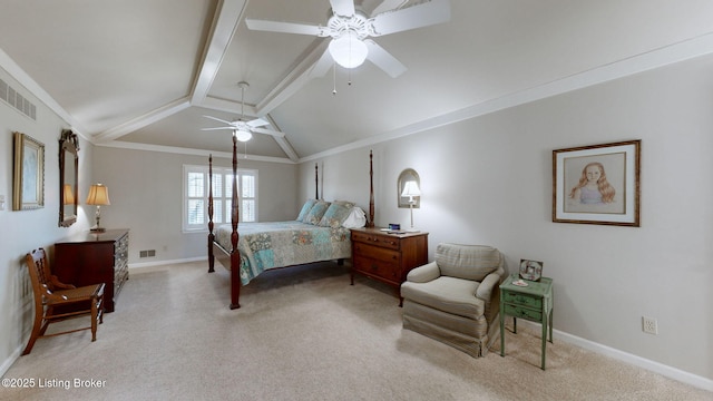 bedroom featuring light carpet, lofted ceiling with beams, baseboards, and crown molding