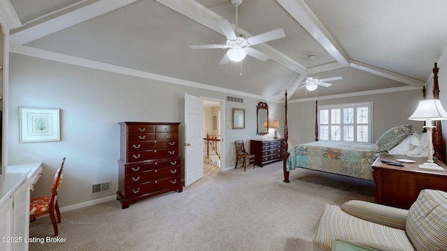 bedroom featuring vaulted ceiling with beams, ceiling fan, visible vents, carpet, and crown molding