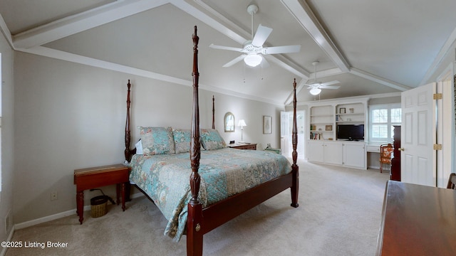 bedroom with light carpet, lofted ceiling with beams, and baseboards