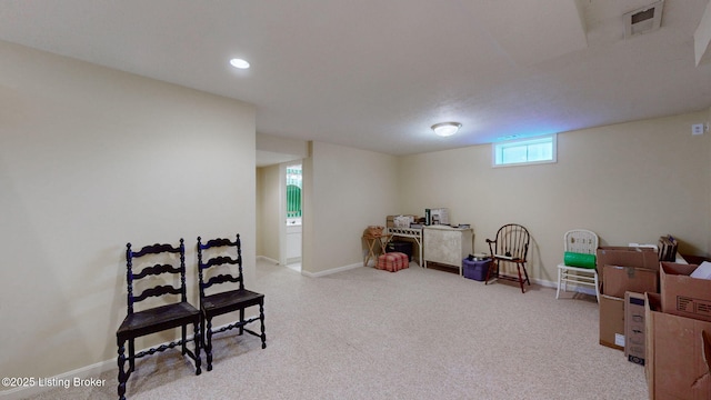 playroom featuring recessed lighting, carpet, visible vents, and baseboards