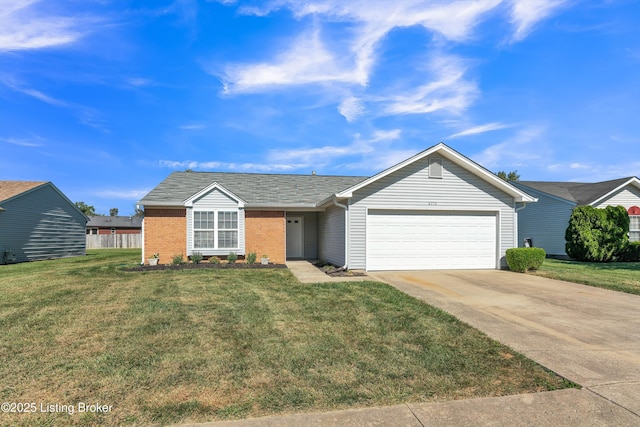 single story home with a front lawn, brick siding, and an attached garage