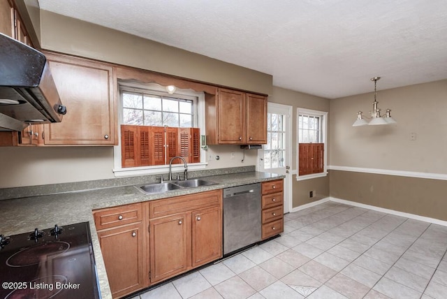 kitchen with range hood, black electric stovetop, brown cabinetry, a sink, and dishwasher