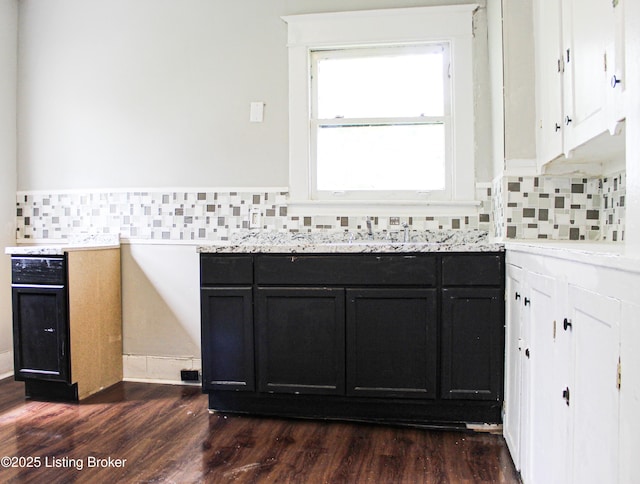 kitchen featuring dark wood-style floors, dark cabinetry, a sink, and decorative backsplash