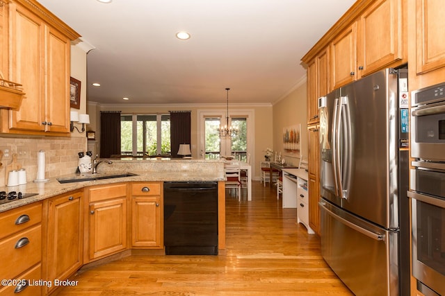 kitchen with backsplash, dishwasher, a peninsula, stainless steel refrigerator with ice dispenser, and a sink