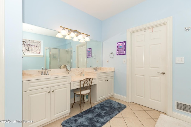 full bathroom with a sink, visible vents, a stall shower, and tile patterned flooring