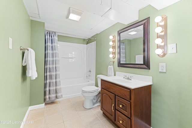 bathroom with toilet, vanity, baseboards, tile patterned floors, and shower / bath combo with shower curtain