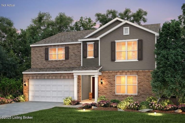 traditional-style home with a garage, concrete driveway, brick siding, and a shingled roof