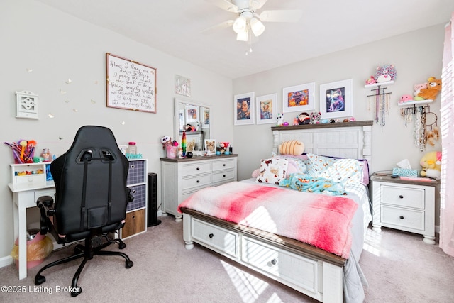 bedroom featuring light carpet and a ceiling fan