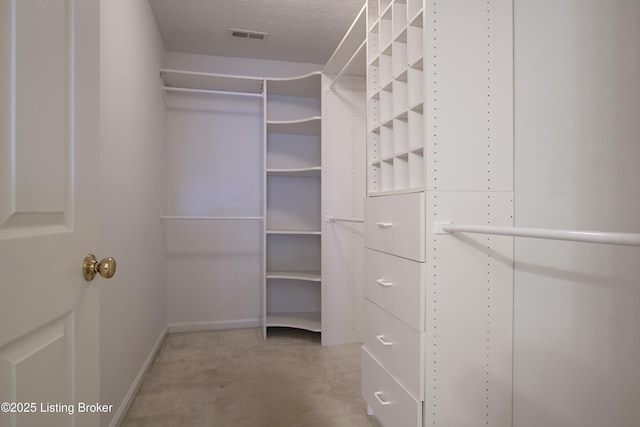 spacious closet with light carpet and visible vents