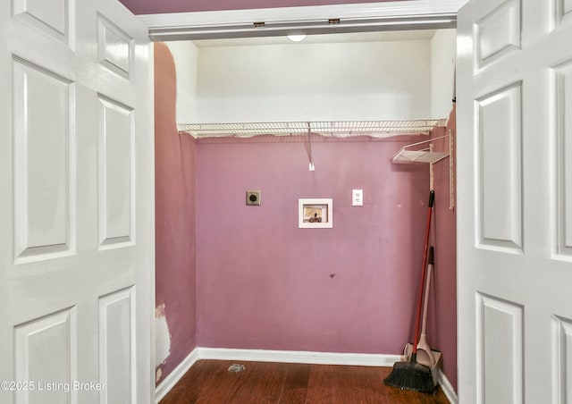 laundry room with laundry area, baseboards, dark wood finished floors, hookup for a washing machine, and electric dryer hookup