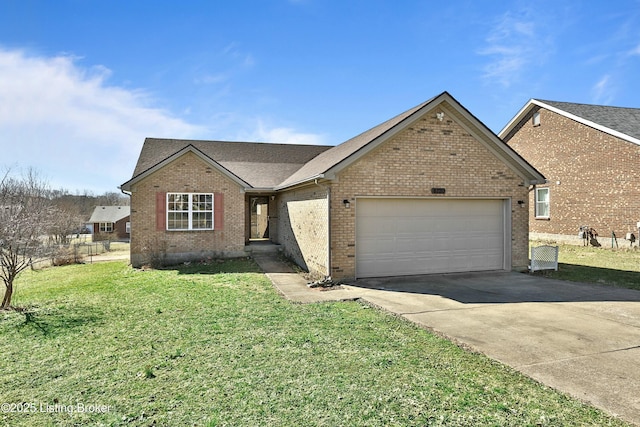 single story home with driveway, brick siding, an attached garage, and a front yard