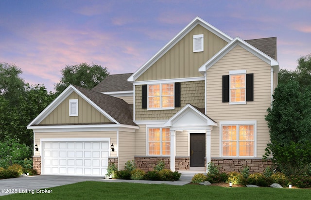 craftsman inspired home with stone siding, roof with shingles, board and batten siding, concrete driveway, and a garage