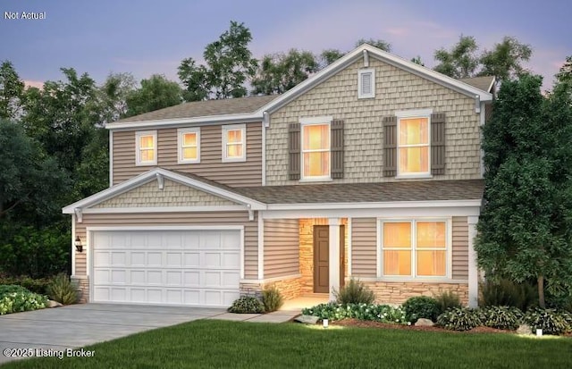 craftsman-style house with stone siding, concrete driveway, a shingled roof, and an attached garage