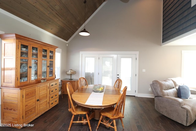 dining area with dark wood-type flooring, wood ceiling, french doors, and baseboards