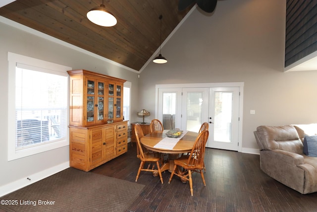 dining room with french doors, dark wood-style flooring, wood ceiling, and a healthy amount of sunlight