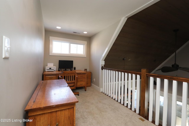 office featuring visible vents, baseboards, light colored carpet, ceiling fan, and recessed lighting