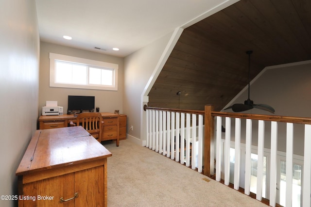 home office featuring visible vents, light colored carpet, lofted ceiling, wood ceiling, and recessed lighting