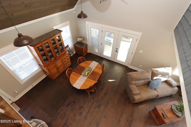 living room featuring a wealth of natural light, dark wood-style flooring, and french doors