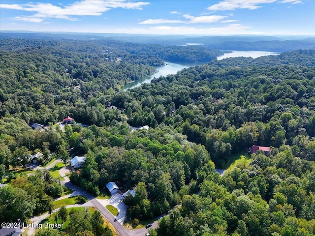 birds eye view of property with a water view and a wooded view